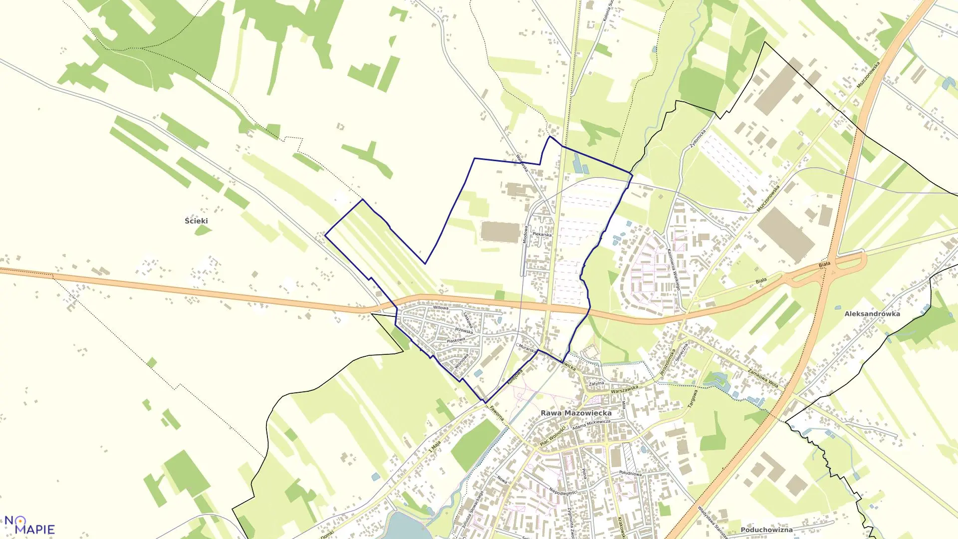 Mapa obrębu OBRĘB 1 w mieście Rawa Mazowiecka